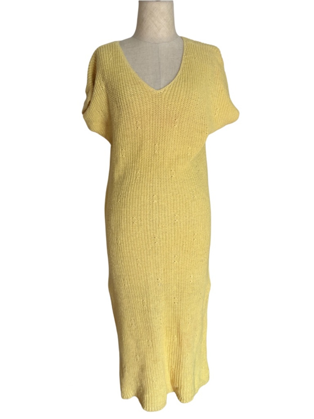 VTG 1980s Knit Dress Women's Butter Yellow Midi Sweater Classic Cottage Ramie S
